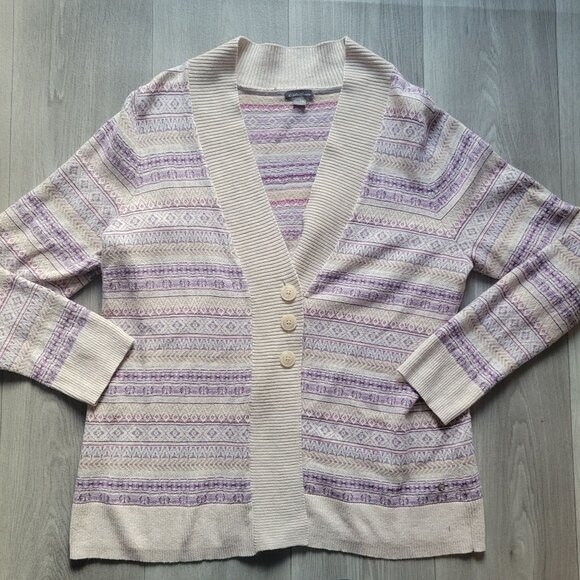 Eddie Bauer Womens 2XL Beige & Purple Patterned Cardigan Sweater - Picture 2 of 6